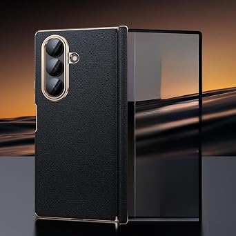 [Unique Design] Case for Samsung Galaxy Z Fold 7 with Dual Hinge Protection, Artificial Leather Shockproof Single Back Hard Case Black