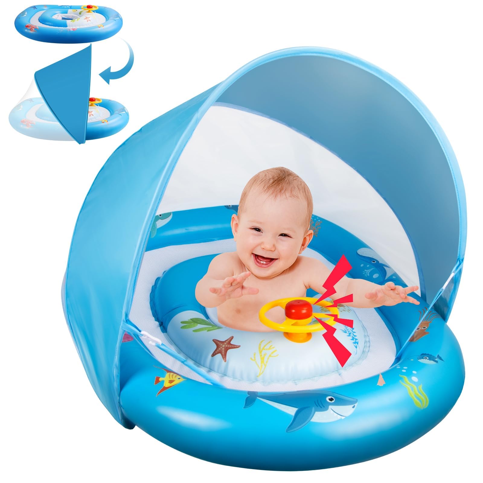 Schwimmring Baby (6-36 Monate, Max. 20 kg) – Doppelkreis-Design mit UPF50+ Sonnendach & Spielzeug-Hupe – Verstellbarer Sicherheitssitz, doppelte Luftkammern – Ideale Schwimmhilfe für Kleinkinder