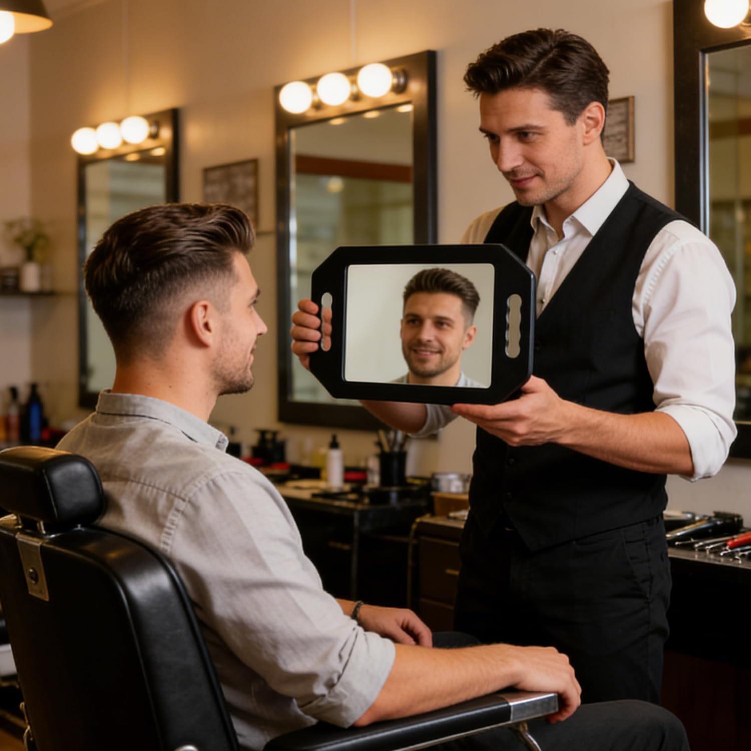 Specchio a mano grande con doppia maniglia, specchio cosmetico, specchio acrilico, strumenti professionali per il taglio dei capelli e bellezza (1 pezzo rettangolo nero)
