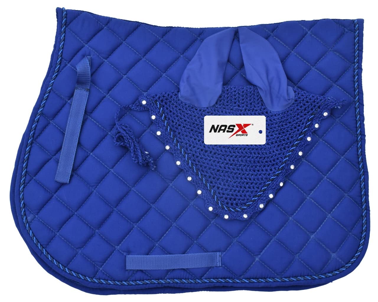Saddle Pads with Matching Diamante Set Fly Veil Bonnet Ear bonnet Padded Numnah (FULL, Royal Blue) — image 1
