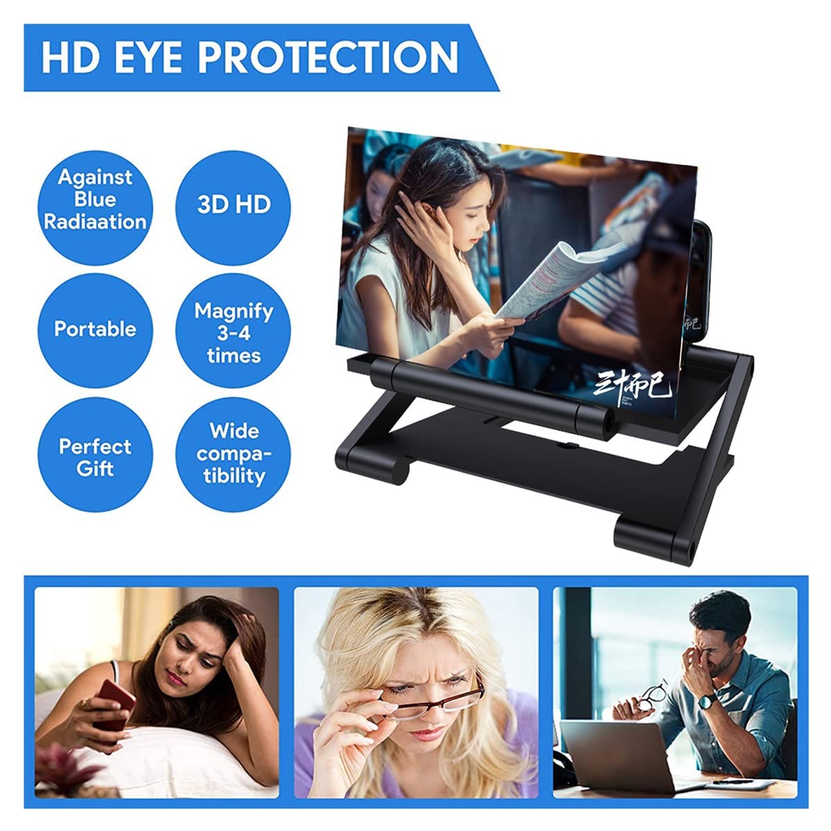 Amplificador de Pantalla Amplificador Plegable de 10" HD, proyector con Pantalla Aumento, Lectura Altura Ajustable y Soporte for teléfono(White,Remote Control)