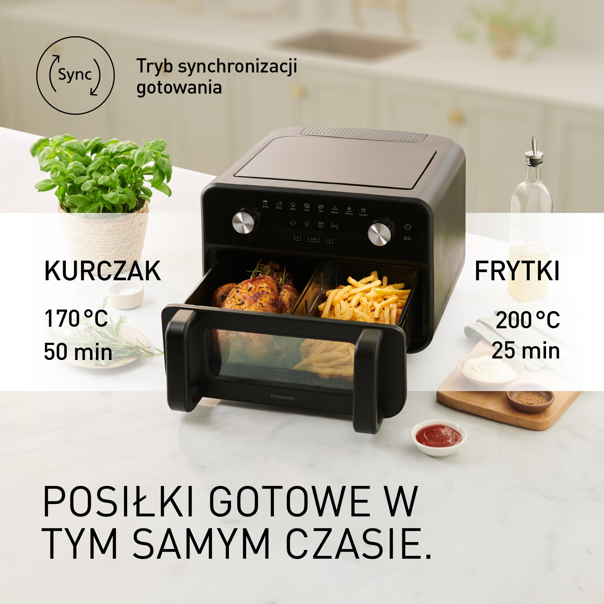 Panasonic NF-BC1000KXE Frytkownica beztłuszczowa Air Fryer Flex z okienkiem, 30°-230°C, 9,6 L, podwójny kosz, delikatna para, 8 programów, łatwe czyszczenie, czarna