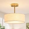 Gold Ceiling Light 3-Light, Semi Flush Mount Ceiling Lights, Gold Chandeliers Ceiling Light, White Lampshades for Ceiling Lights, Fabric Drum Chandelier for Living Room Bedroom Hallway