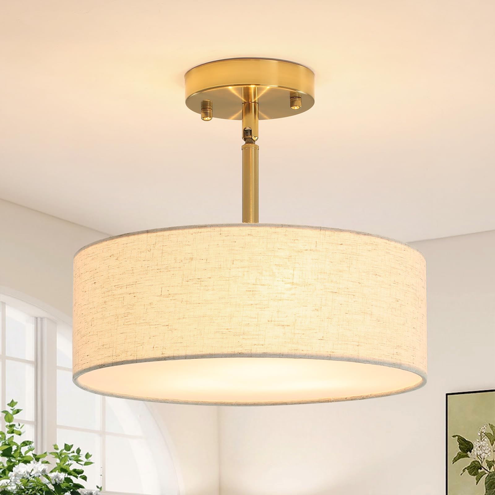 Plafonnier Doré à 3 Lumières, Plafonniers Semi-Encastrés Lustre Doré, Abat-Jours Blancs pour Plafonniers, Lustre en Tissu pour Salon, Chambre à Coucher et Couloir