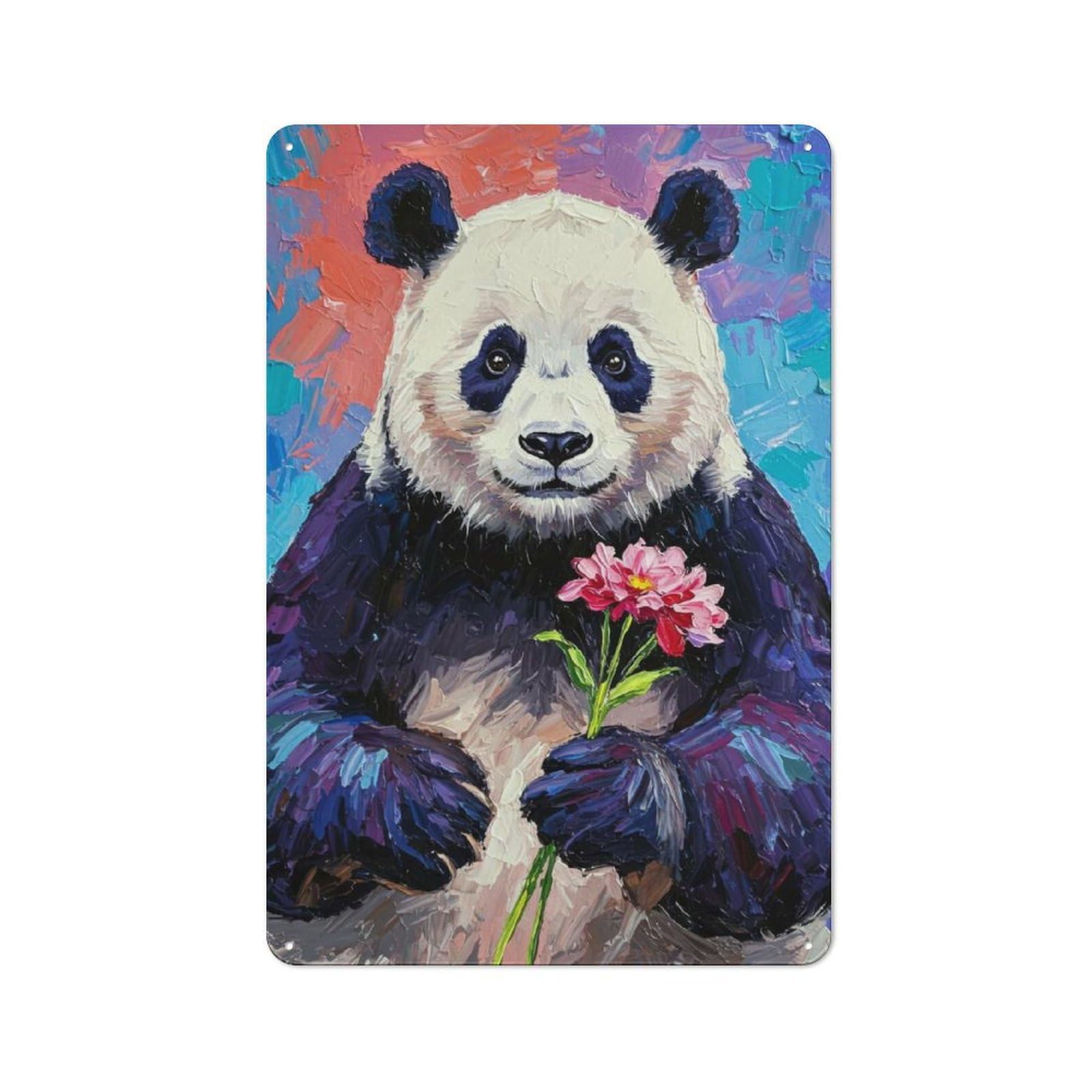 Panda with Flower Painting Clean Industrial Metal Wall Decor 30x20cm, Industrial Metal Sign for Workspace, Cafe, Hallway Or Garage
