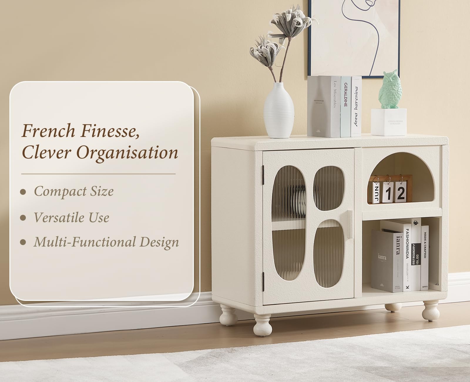 Ya-Home Meuble Bas de Rangement avec Compartiments Buffet Salle à Manger avec Porte en Verre Commode avec Pieds en Bois Massif, Blanc
