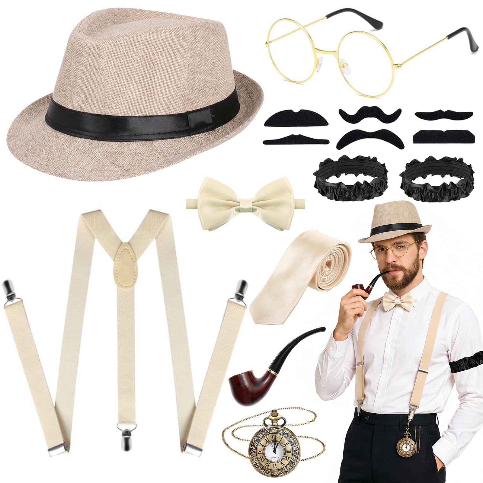 iSharely 1920s Accessories for Men, Gentleman Fancy Dress Set with Hat Suspenders Pocket Watch Bow Tie Beards Glasses Pipe Great Gatsby Gangster Costume for Roaring 20s Halloween Theme Party (Beige)