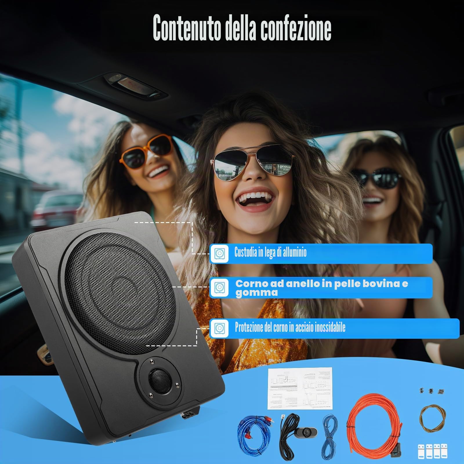 Subwoofer attivo sotto il sedile dell'auto, subwoofer basso, ultra compatto da 8", subwoofer attivo sotto il sedile per auto, con set di cavi