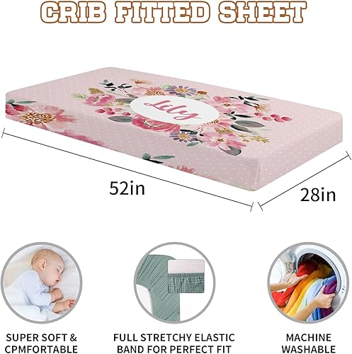 Miniatura 5 de Sábanas personalizadas para cuna  Paquete de 2 sábanas portátiles de flores para cuna con nombre, juego de ropa de cama personalizado para guardería