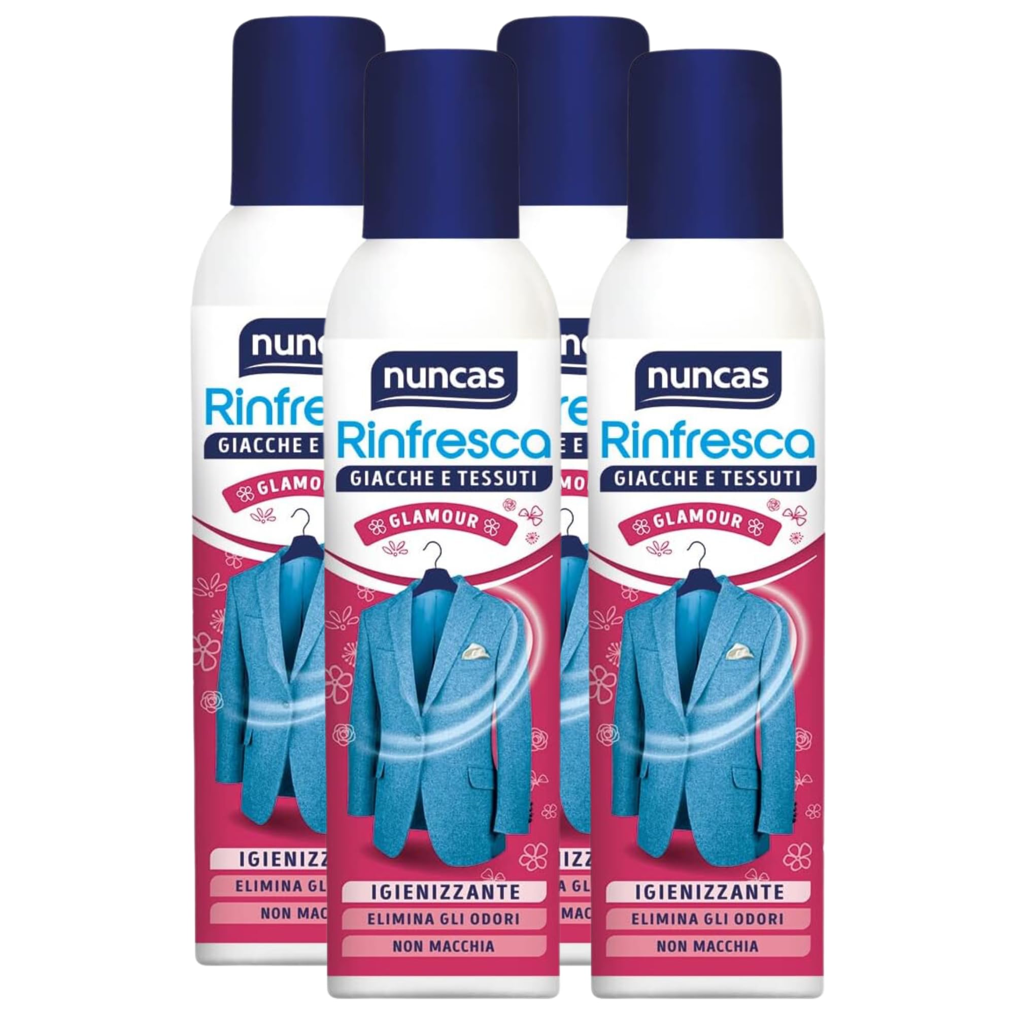 Igienizzante Spray, Rinfresca Giacche e Tessuti, GLAMOUR. Elimina Gli Odori. Non Macchia 250ml (4 Bombolette)