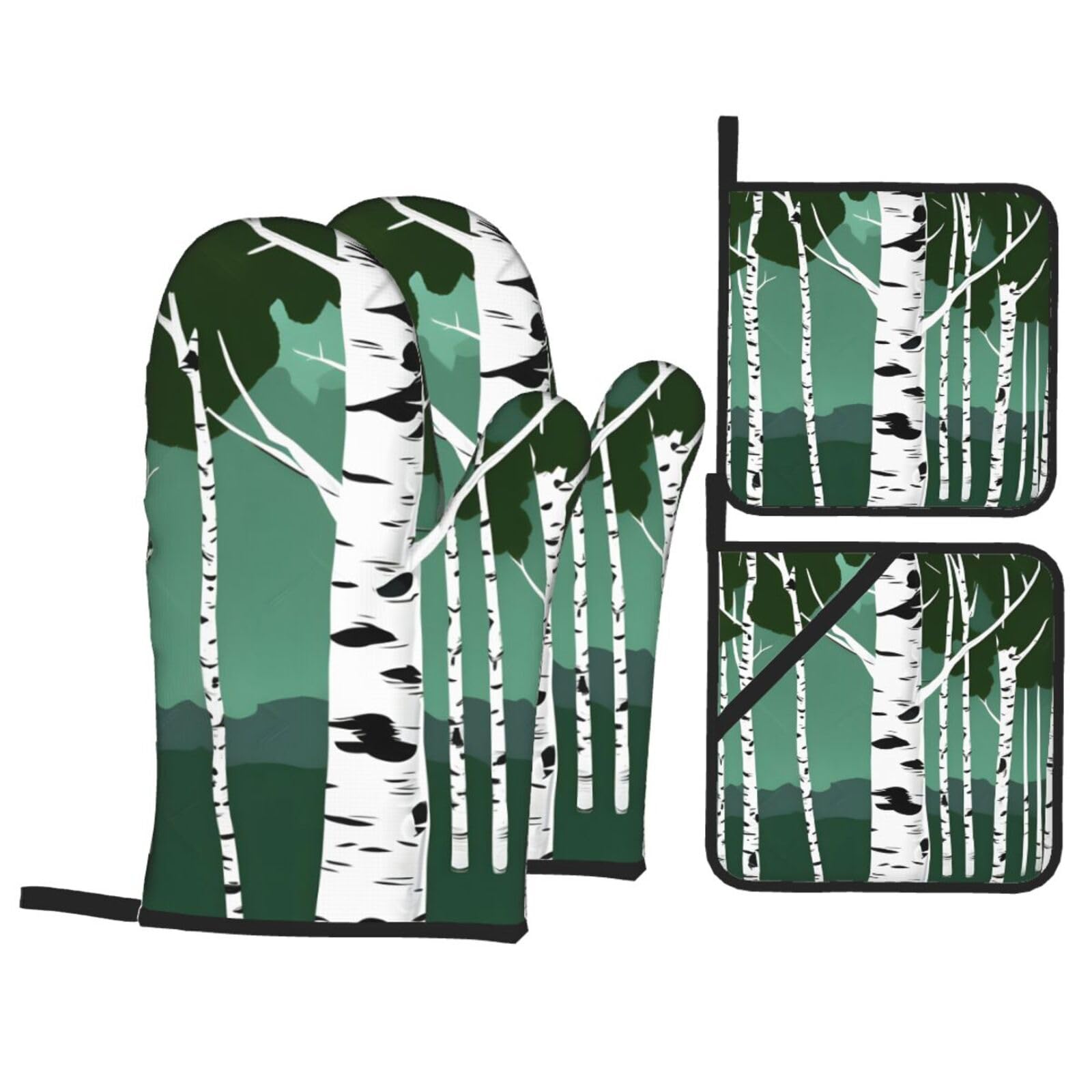 Birch Trees Print 4-Piece Heat-Resistant Oven Waterproof Kitchen Gloves Cooking Roasting Essential