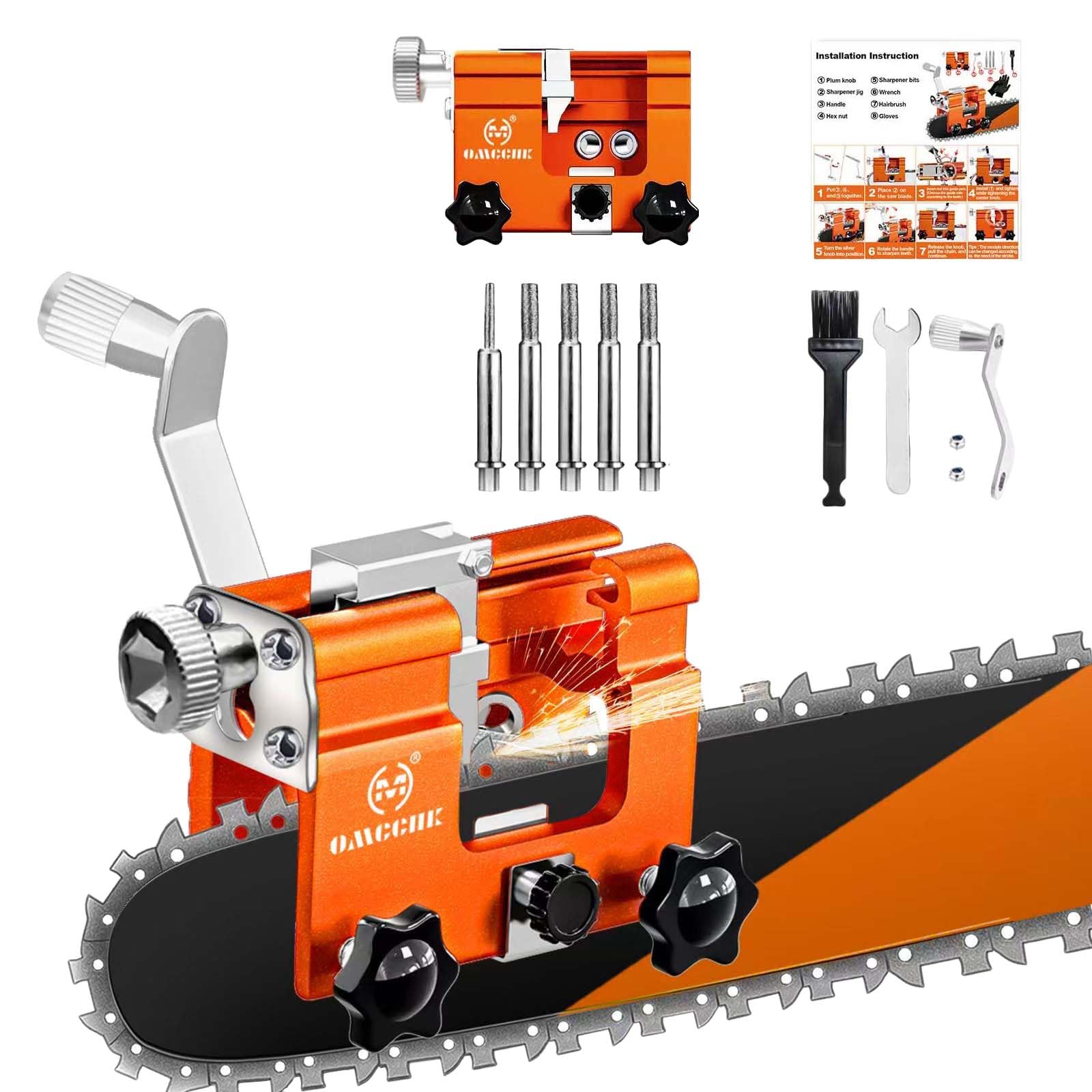 Chainsaw Sharpener Jig with 5 Tunsten Bits, Portable Universal Hand-Crank Chain Blade Saw Sharpener Kit Tool Accessories for 4" - 22" Chain Saw Sharpening