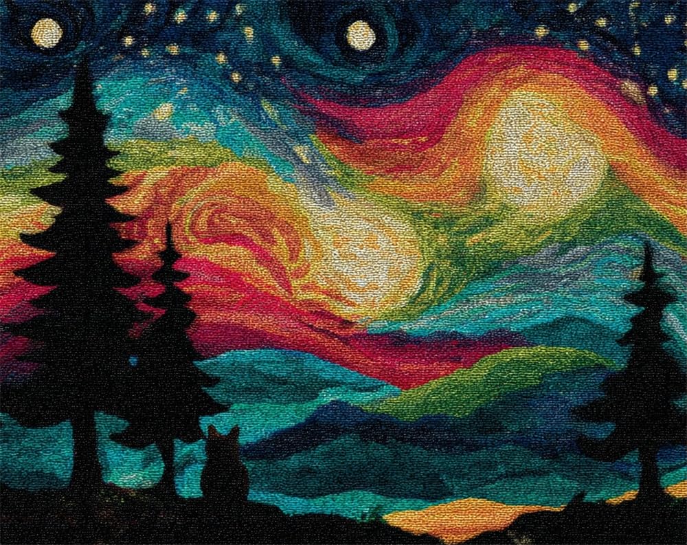 Kitquiver Rug Kits for Adults Latch Hook Pre Printed Cats Back Under The Starry Sky DIY Crafts Crochet Yarn Handmade Embroidery with Printed Canvas Needlework for Home Decor 39X55In