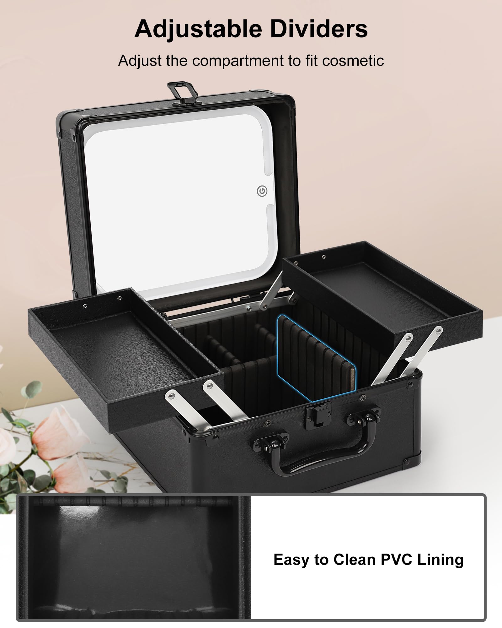 Chomeiu Make-up-Tasche mit Spiegel, Reise-Zugkoffer, großer Kosmetik-Organizer mit 2 Ablagen und Kosmetikspiegel mit LED-Lichtern, Pinselhalter, Aufbewahrungsbox, Koffer für Nagelsets, Kosmetik