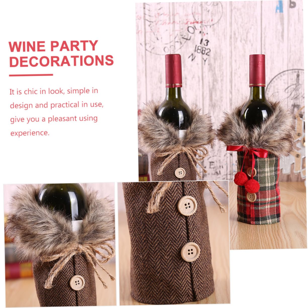 ERINGOGO 2 Pièces Housses de Bouteille Vin Noël Lot Décorations Festives Toile de Jute Carreaux Rouge pour et