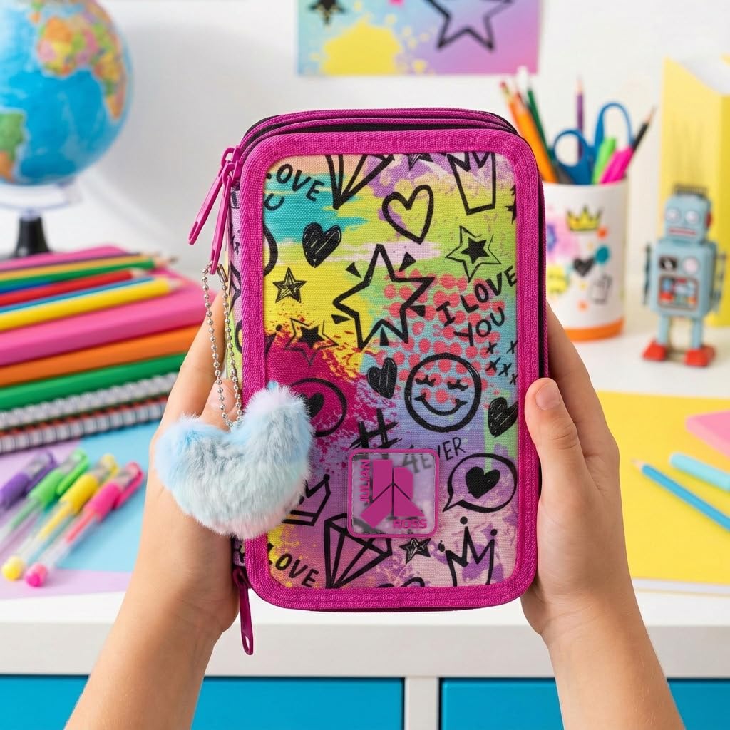 Pack Escolar Niña Primaria - Mochila Ergonómica Gran Capacidad 43x33x20 cm y Estuche 3 Cremalleras Completo (46 Piezas) - Diseño "Shiny Mood" con Llavero Pompón (6-10 Años)