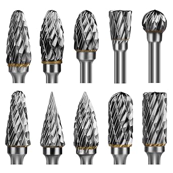 HOMEIDOL Carbide Burr Set Die Grinder Bits Rotary Tool Bits 1/8" Shank 10 PC Double Cut Wood Carving Accessories Cutting Burrs Metal Grinding Engraving Polishing Porting Trimming
