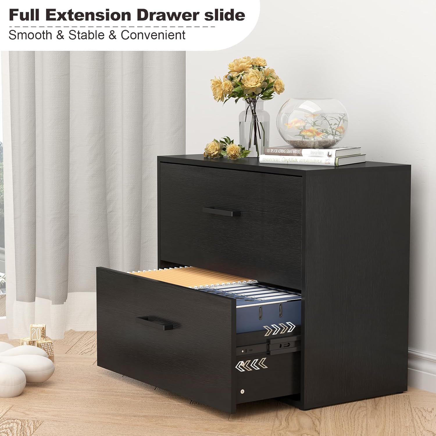 2 Drawer Lateral File Cabinet, Printer Stand Black Filing Cabinets for Home Office and School, Wood Rattan File Cabinet for Hanging Files/Letter/Legal Size, Black