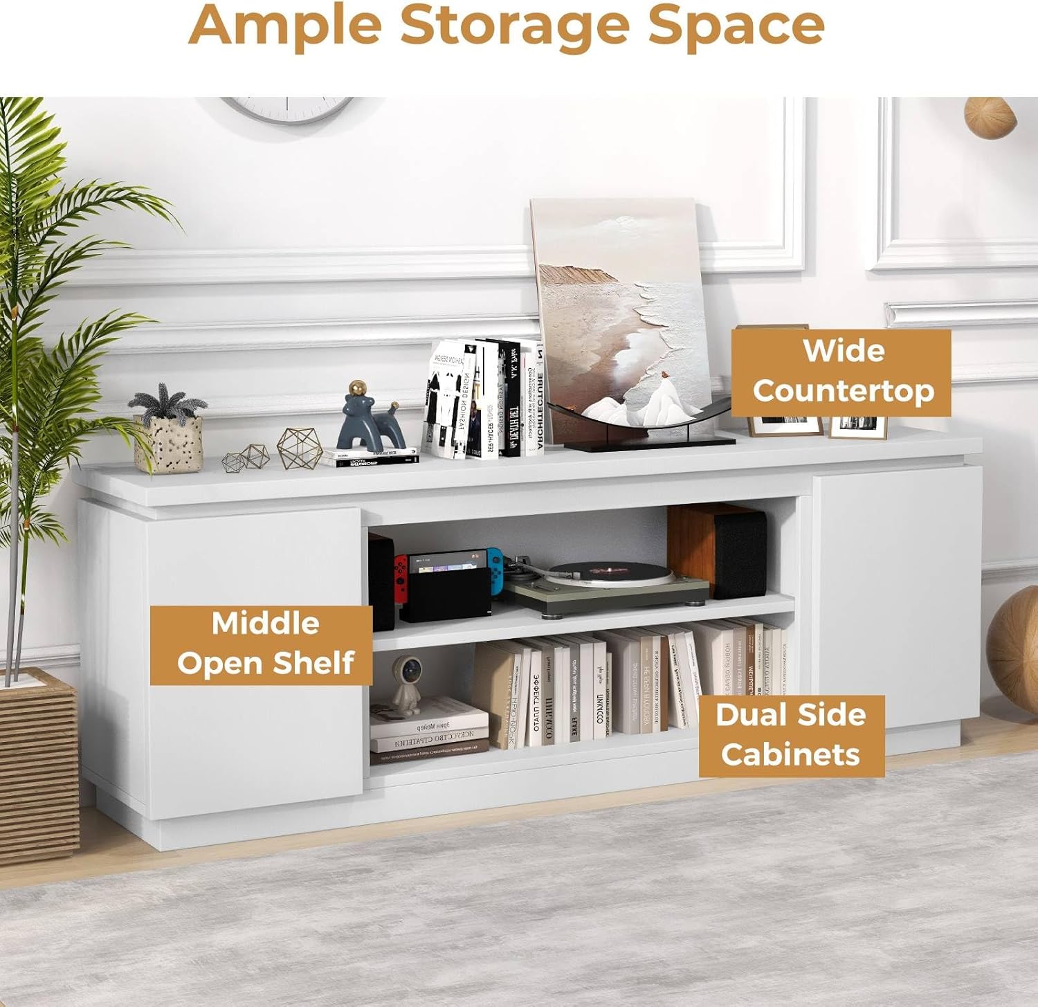 TV Stand Cabinet for TVs up to 80 Inches, Wooden TV Unit Console Table with 2 Doors & Adjustable Shelves, Media Entertainment Center 36" Fireplace Stand for Living Room, Bedroom (White)