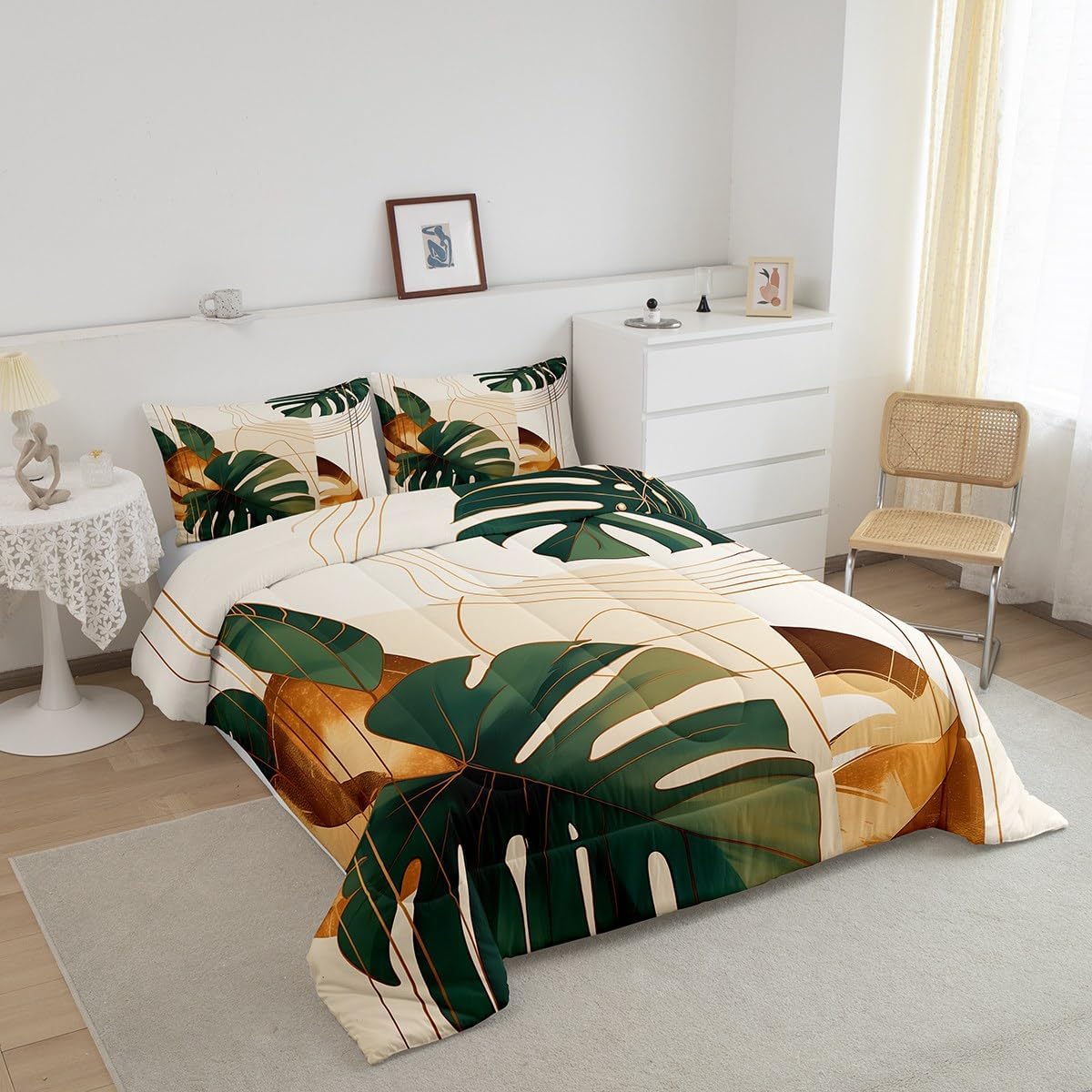 Feelyou Palm Leaf Comforter Set King Size Geometric Stripes Bedding Set Kids Boys Girls Tropical Leaves Pattern Comforter Boho Exotic Bohemian Style Quilt Set
