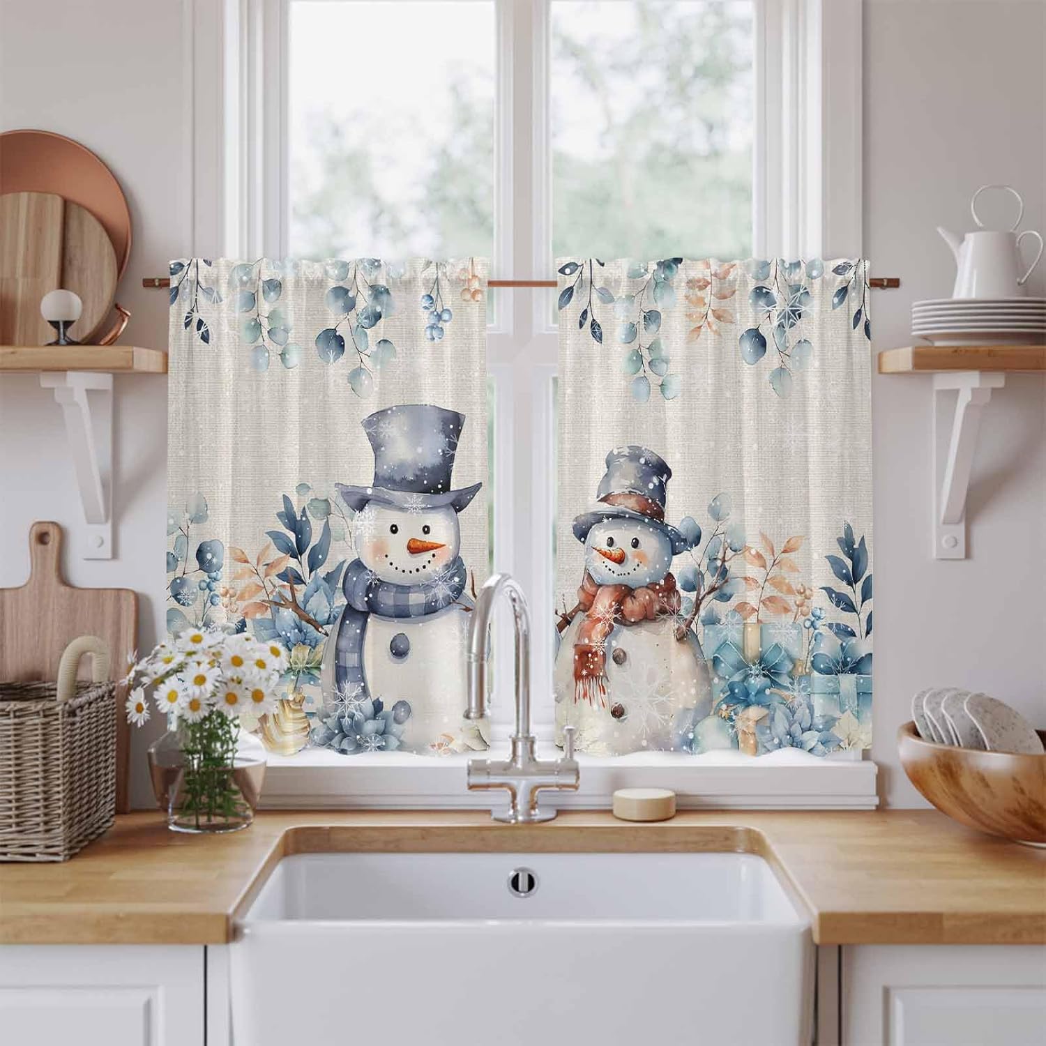 Blue Snowman Kitchen Tier Curtains 45 Inch Long 2 Panel Set,Rod Pocket Short Window Treatment,Eucalyptus Christmas Poinsettia Retro Snowy Curtains & Drapes for Bathroom Basement 27.5"W x 45"L