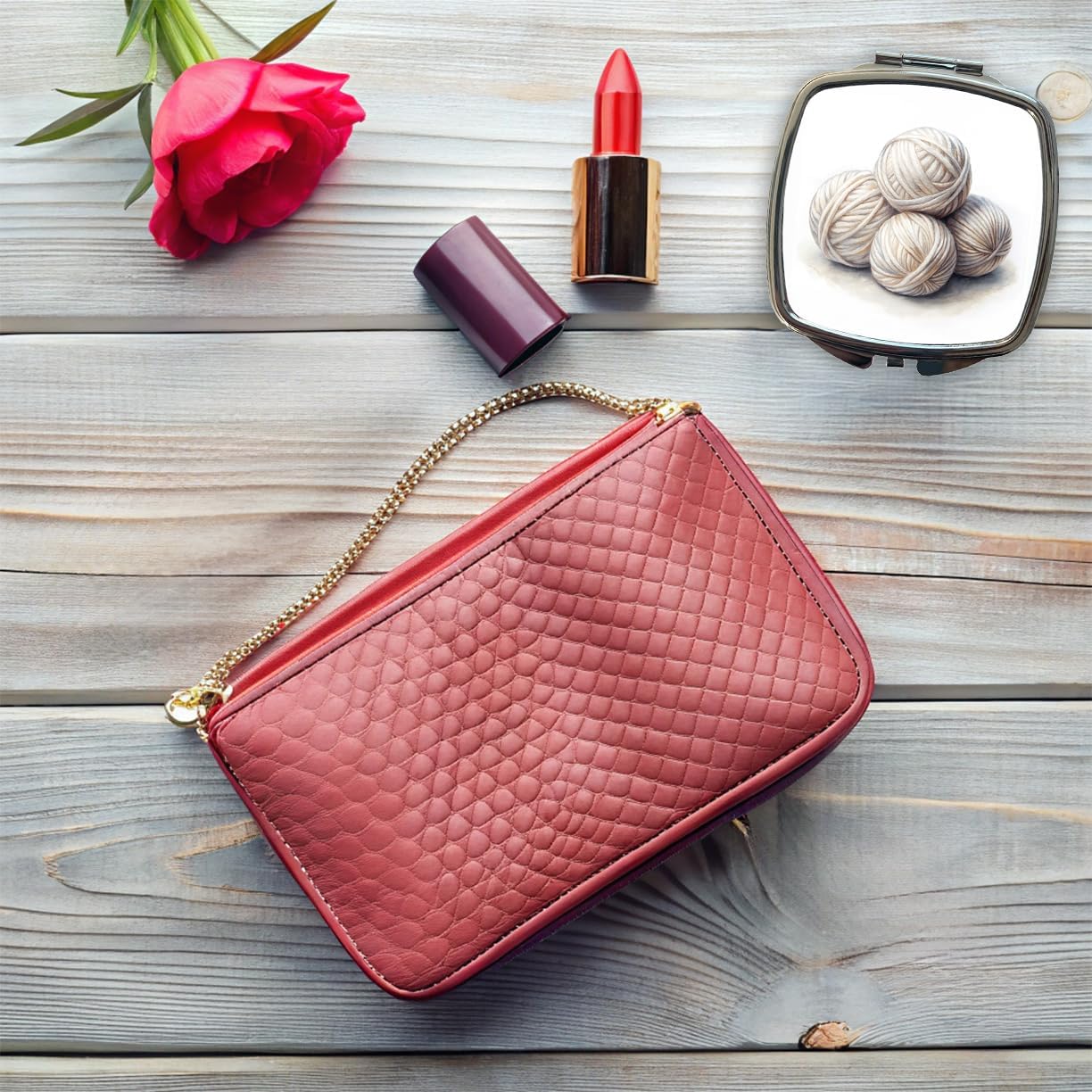 Balls of White Yarn Knitting Crochet Watercolor Small Travel Purse Handbag Pocket Makeup Compact Mirror image 5