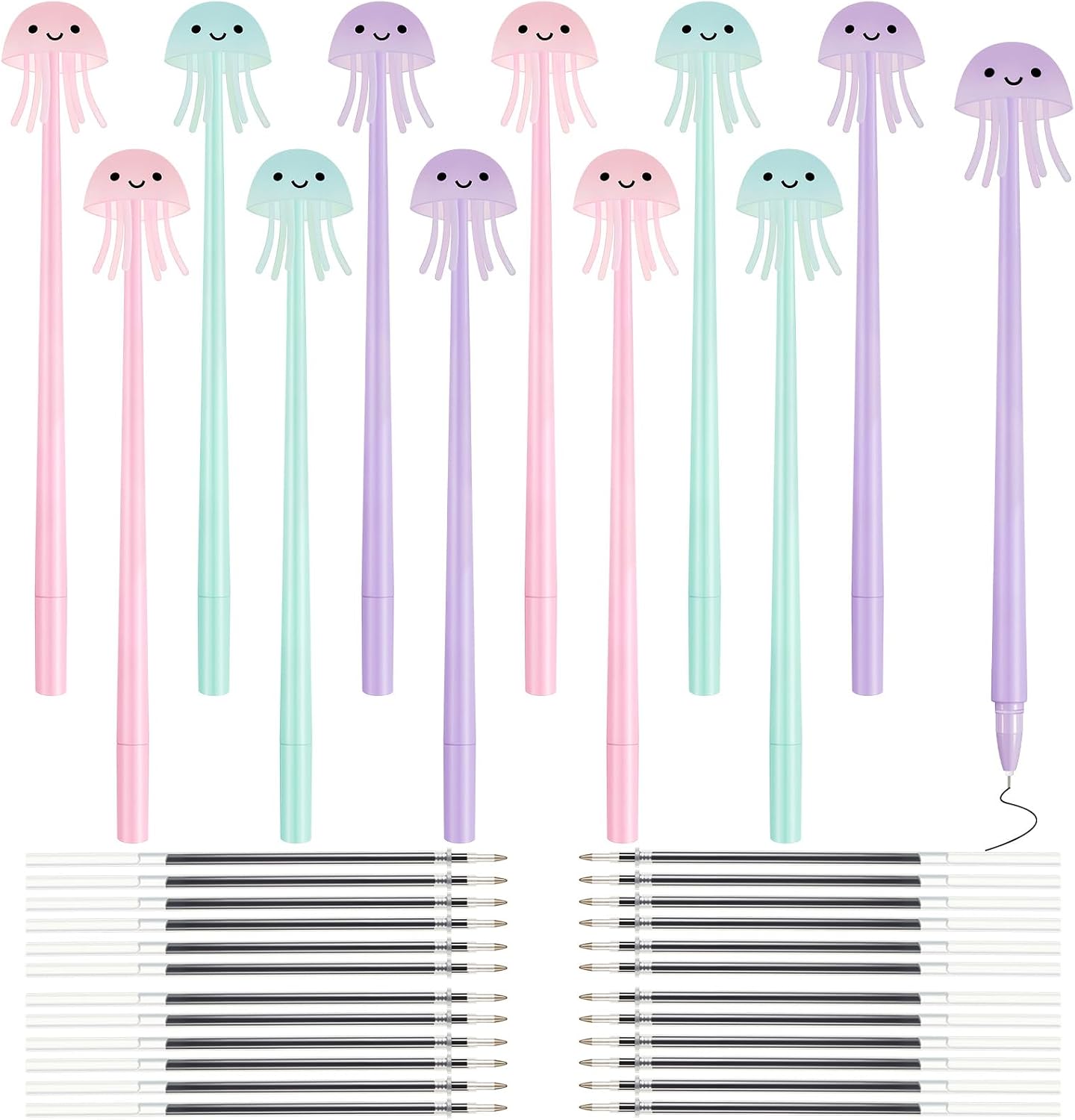 Outus 24 Pcs Novelty Jellyfish Pens Wiggle Bendable Soft Silicone Ballpoint Pens with 48 Pieces Refills Black Ink 0.5mm for Office Jellyfish Themed Party Supplies Easter St. Patrick Stuffers Gifts