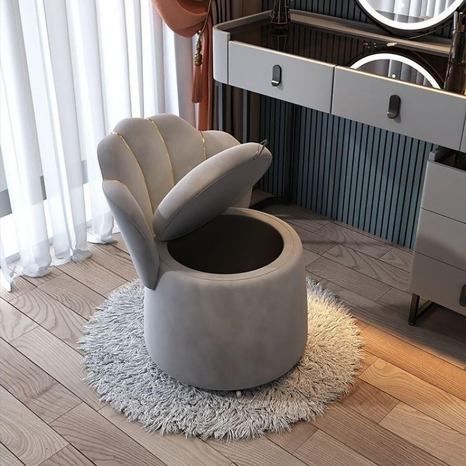 Fauteuil tonneau velours gris pivotant 360 avec rangement interne