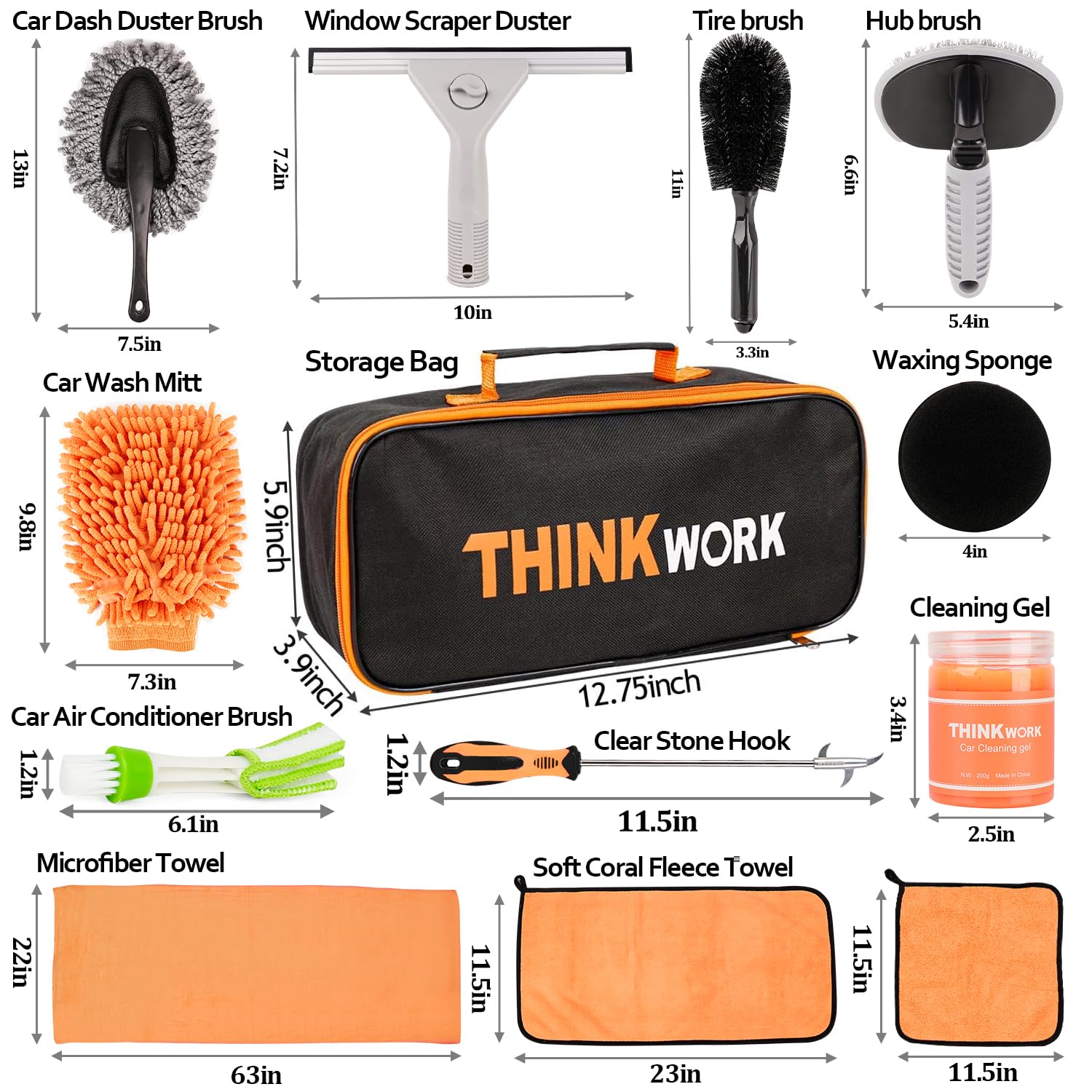 THINKWORK Juego de limpieza para el coche, juego de lavado de coche, juego de 17 piezas para el cuidado del coche para limpieza interior y exterior, salpicadero, rejilla de ventilación, motor, ruedas