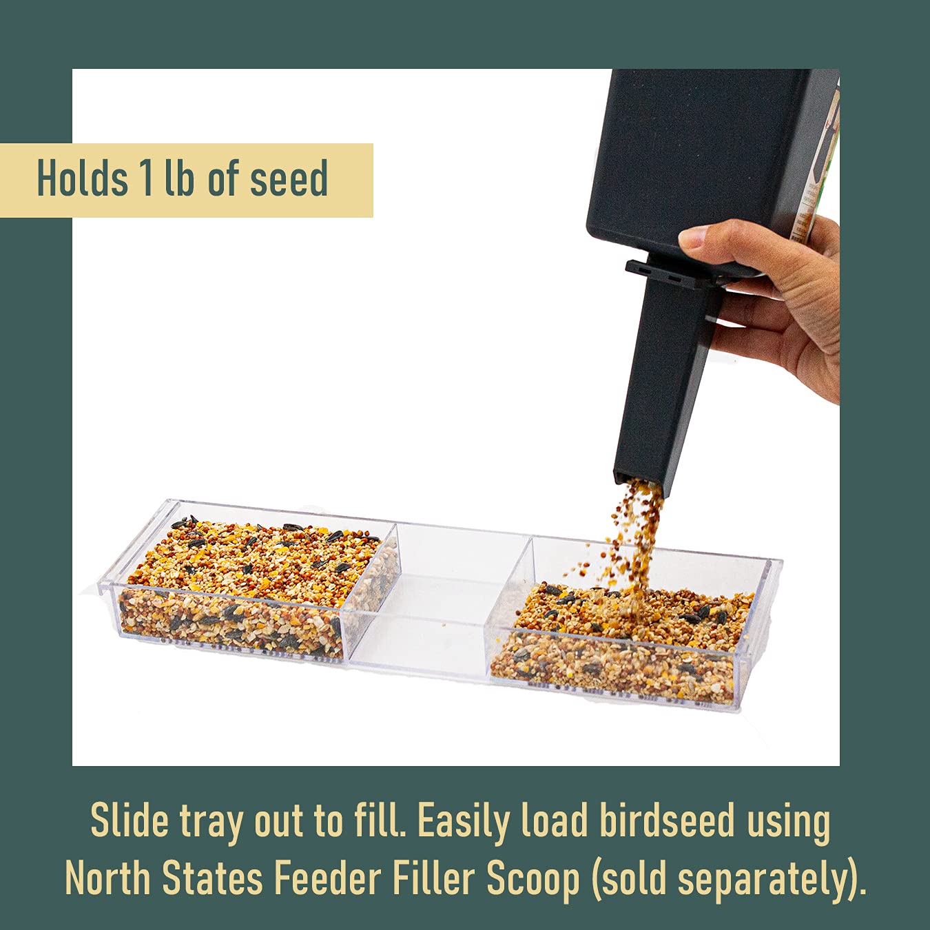 North States Nature's Yard - Comedero para pájaros con ventana grande y transparente, fácil de llenar y limpiar. 2 ventosas, bandeja deslizante e indicador de nivel incluidos. Capacidad de semillas de