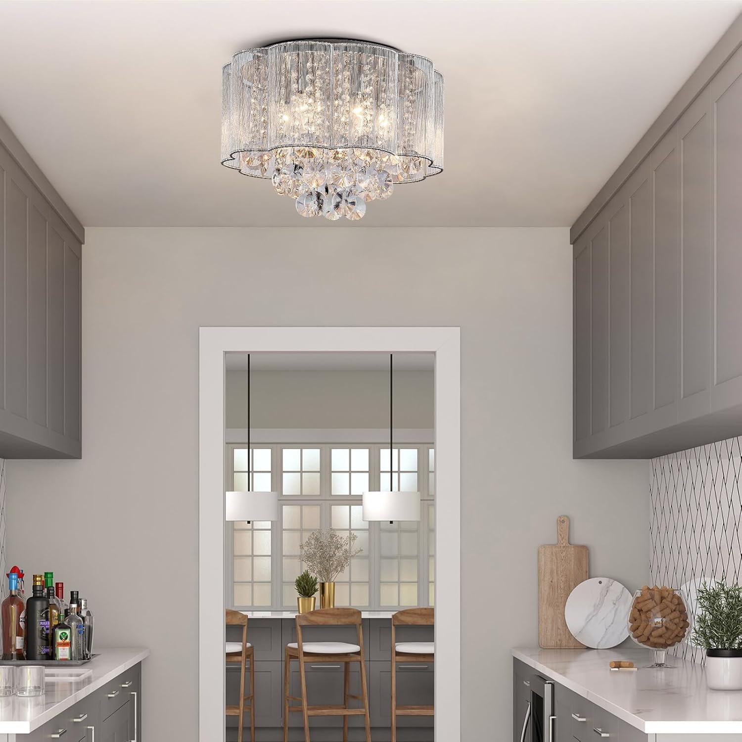 Bestier Modern Crystal Raindrop Drum Chandelier Lighting Flush Mount LED Ceiling Light Fixture Lamp for Dining Room Bathroom Bedroom Livingroom 6 E12 LED Bulbs Required Diameter 16 inch Height 12 inch