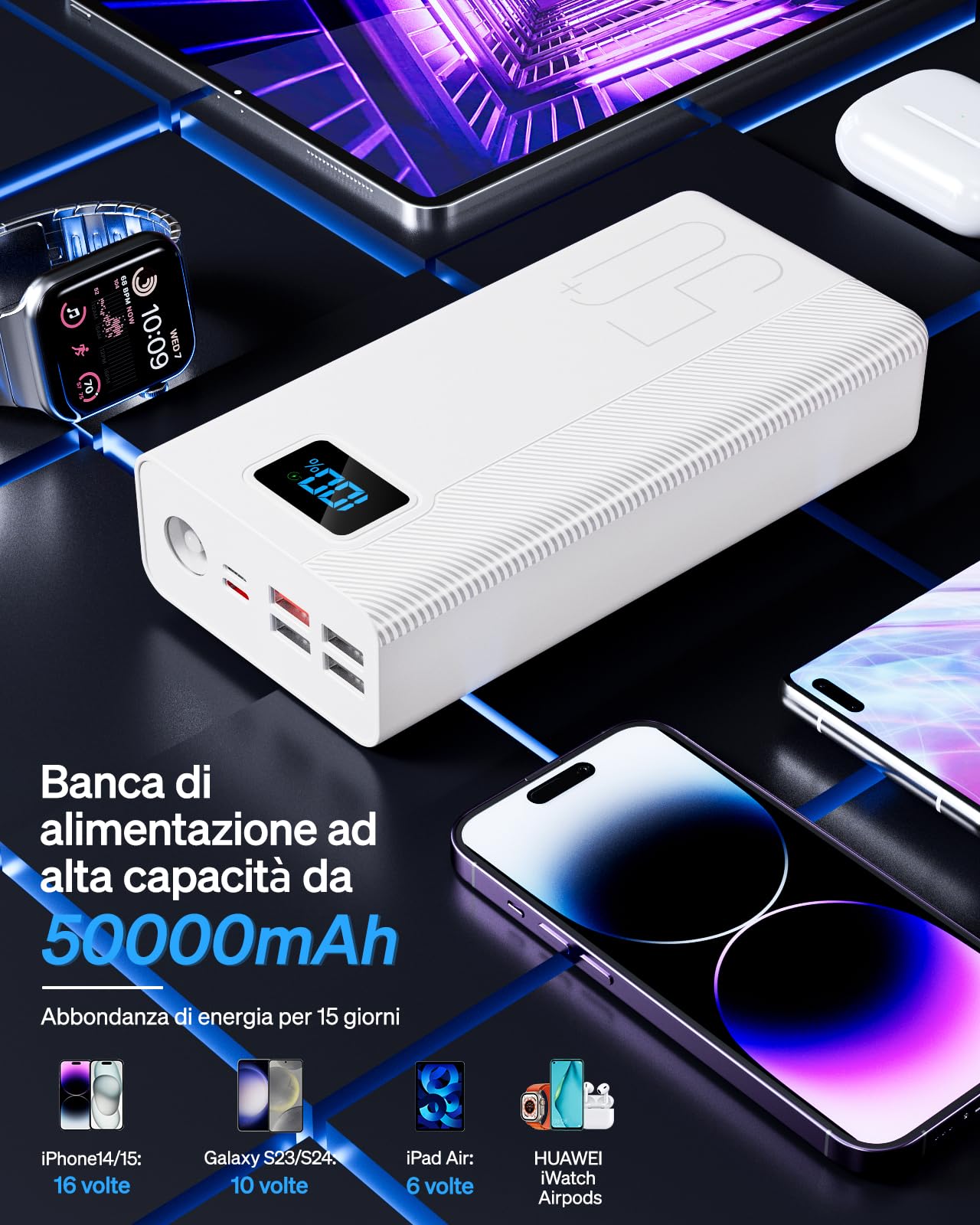 50000mAh Power Bank:22.5W Batería Externa de Carga rápida con Gran Capacidad y 5 Salidas y 3 entradas-Bianco MP3 Player with Display