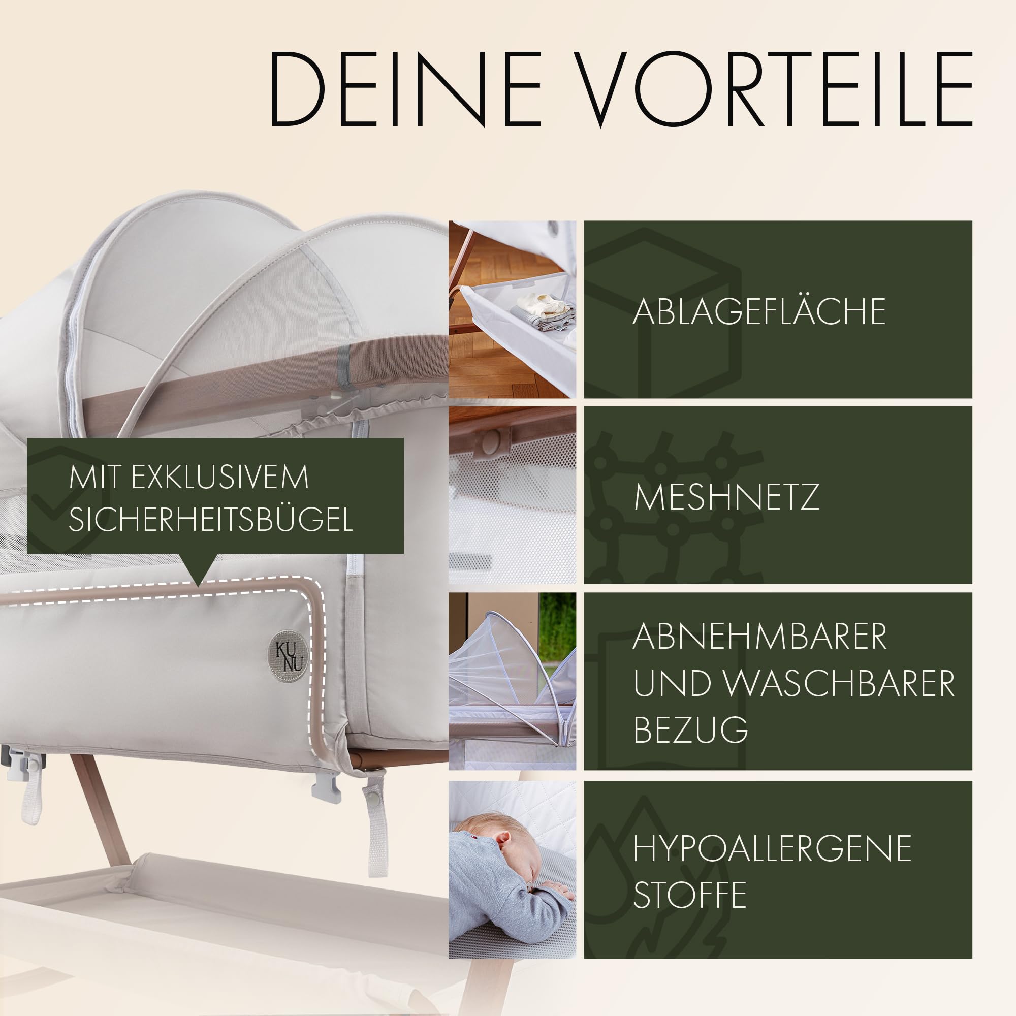 KUNU Babybett Beistellbett mit Rollen für Boxspringbett 3 in 1 rollbares Baby Bett Reise Babywiege Stubenwagen höhenverstellbar inkl Reisetasche