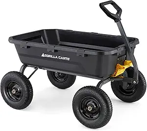 Gorilla Carts Heavy-Duty Poly Yard Dump Cart, 12 Cu Ft Tub, 1600 lb Haul Capacity, Black – Towable Utility Wagon with Quick-Release Dumping & Pneumatic Tires for Landscaping and Gardening