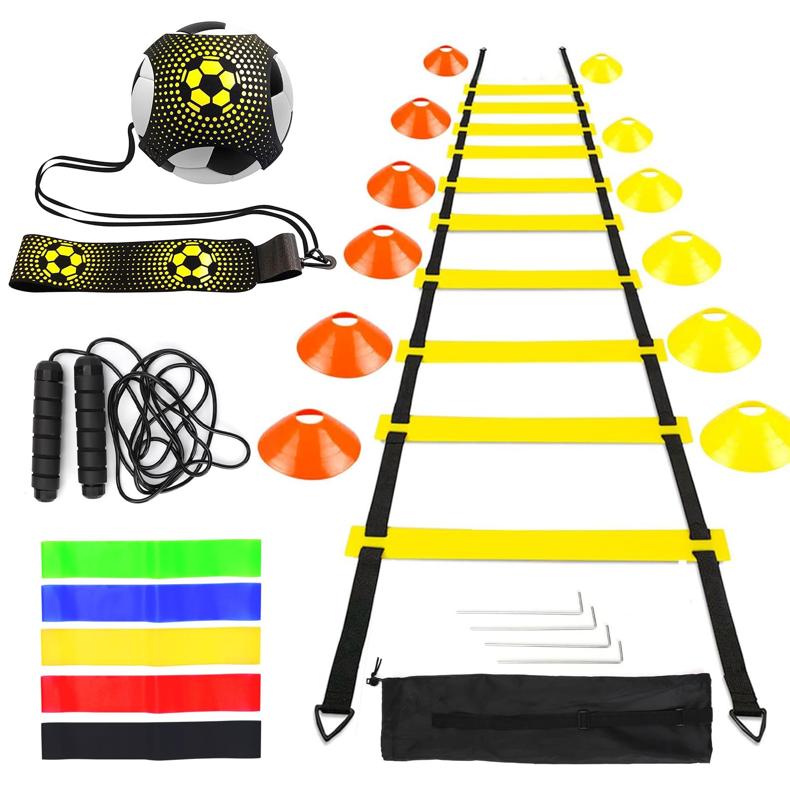 LangRay Kit d'entraînement de Football, Échelle de Rythme 6m, 12 Cônes de Disque, 1 Corde à Sauter, 1 Kick Entraîneur Solo, 5 Bandes de Résistance, Cadeau de Football pour Enfants et Adultes