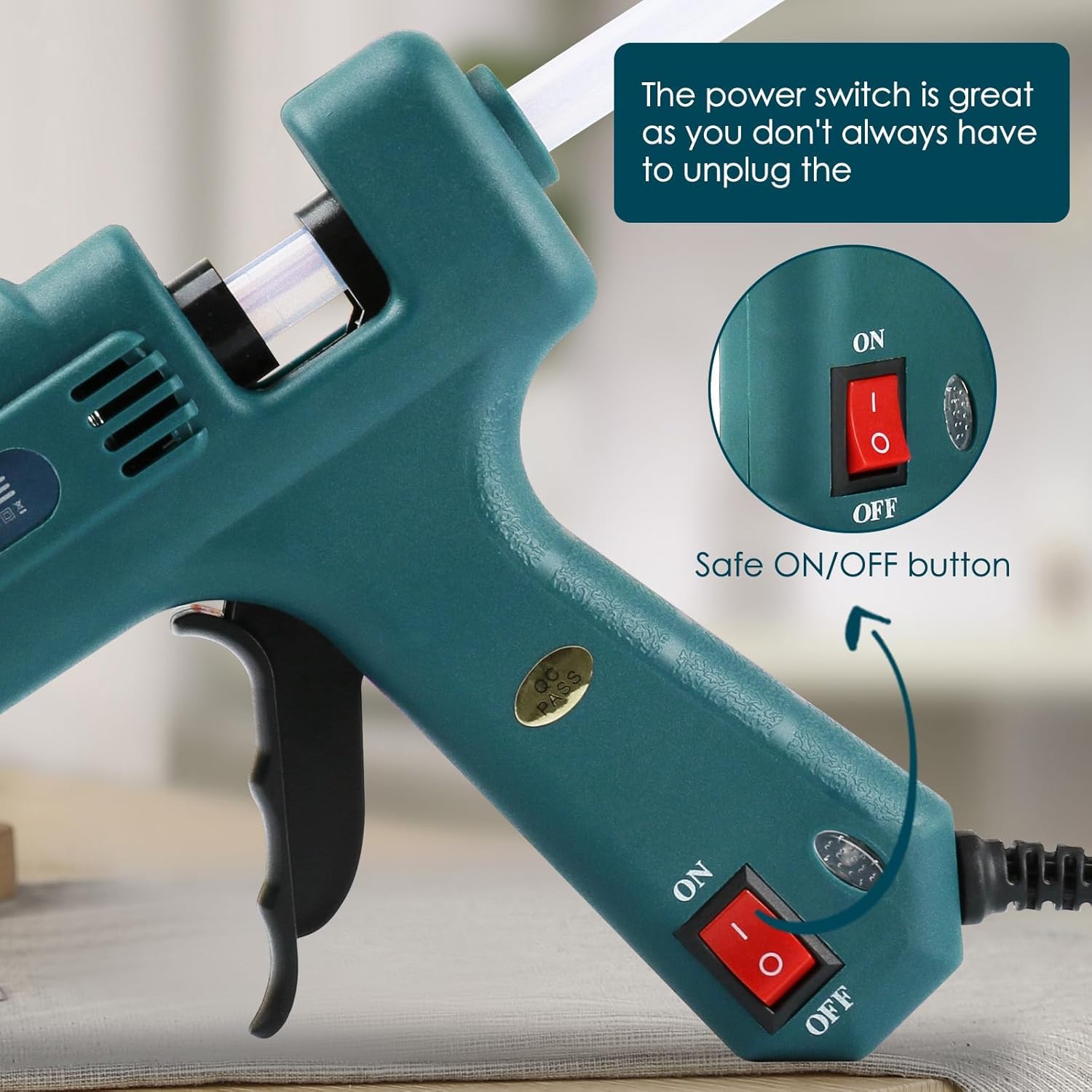 Close-up of the MAXDONE Hot Glue Gun's red ON/OFF power switch.