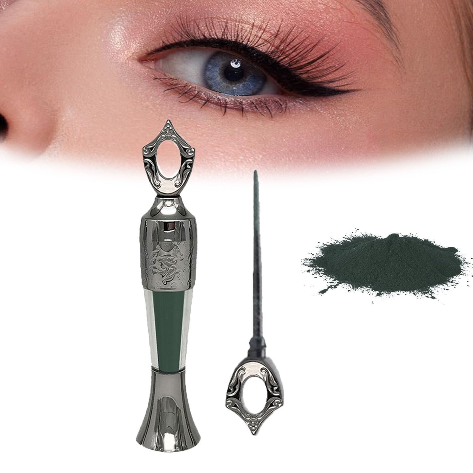 Powder Eyeliner, Eye Liner, Handmade 100% Natural Eyeliner Powder, Long-Lasting Eyeliner Arabic Eyeliner Powder for Natural Makeup, Long-Wearing, Smudge-Proof (Dark Green)
