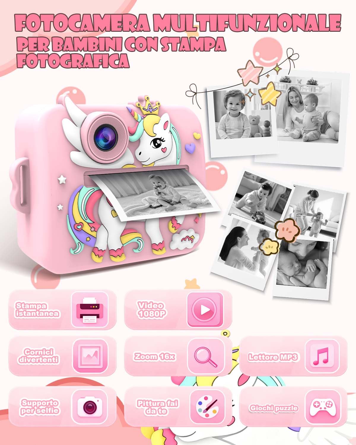 Onalix Macchina Fotografica Bambini Unicorno Istantanea, 2.4" Schermo, 1080P Video & 16X Zoom, Fotocamera per Bambini 32GB, Stampa Senza Inchiostro, Giochi, Musica, Regalo Ragazze 3-12 Anni