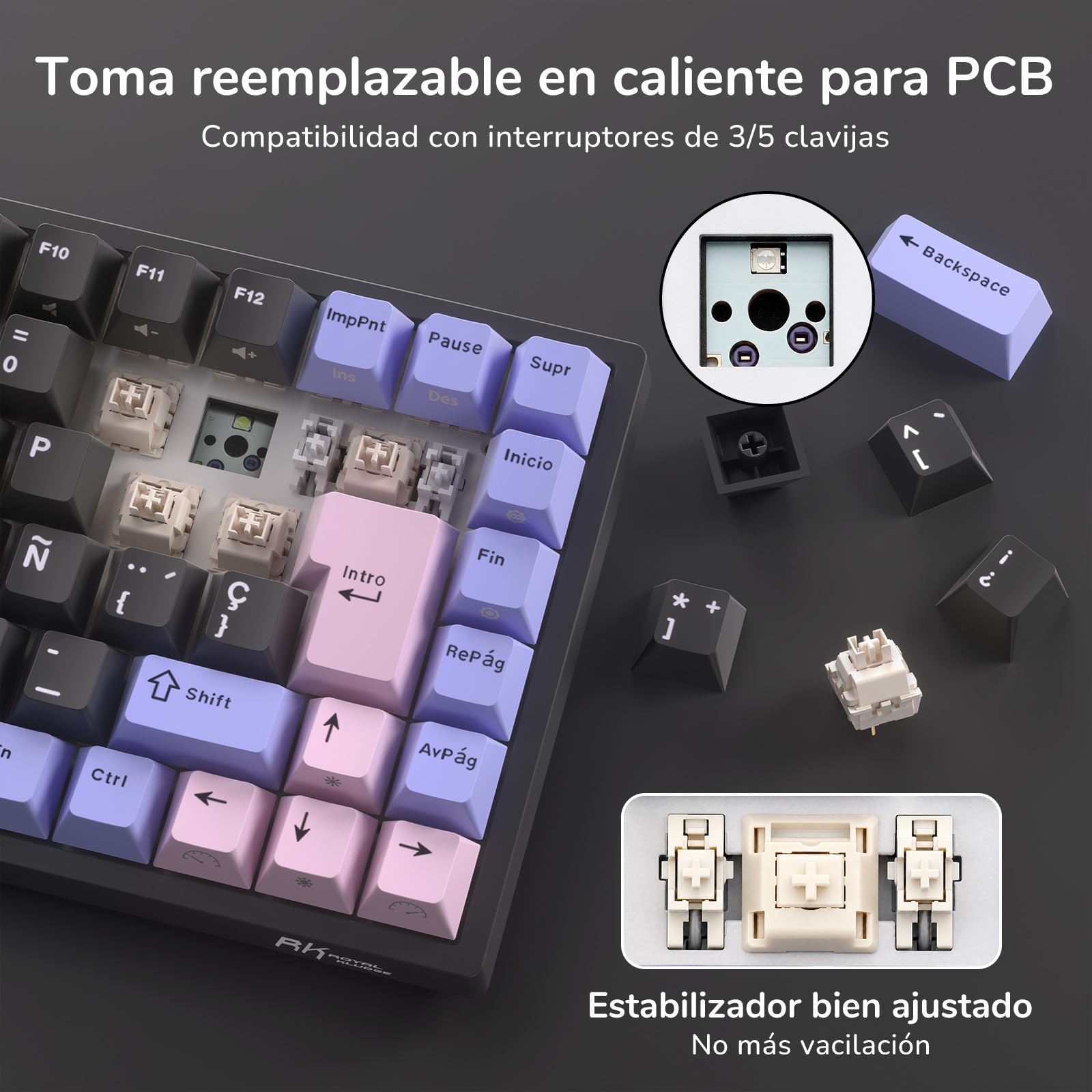 RK ROYAL KLUDGE RK84-ES Cableado 75% TKL RGB Hot Swappable Teclado Mecánico para Juegos, QWERTY Español