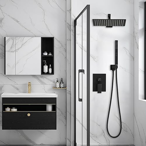 Miniatura 2 de RUMOSE Sistema de ducha de lluvia negro mate, cabezal de ducha cuadrado de alta presión de 12 pulgadas con rociador de mano 2 en 1, montaje en