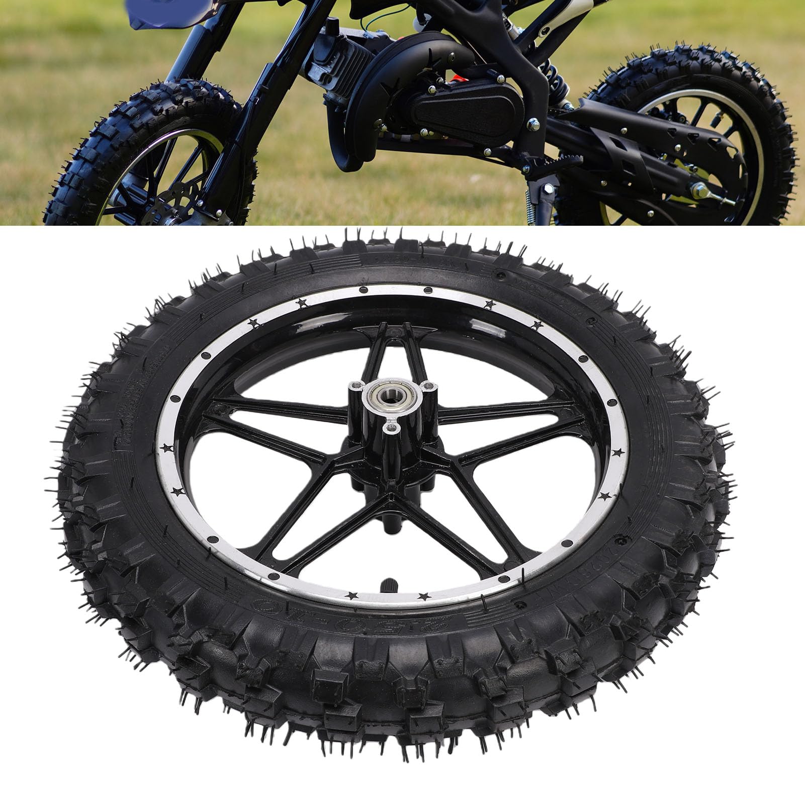 Fockety Zespół Opony do Felgi, 2,5 10 Cali 12 Mm wał 2,50-10 Zespół Opony do Koła Roweru Terenowego Mini Kieszonkowych kół Motocyklowych Obręcz Dętki Opona Pit Dirt Bike Parts (Tył)