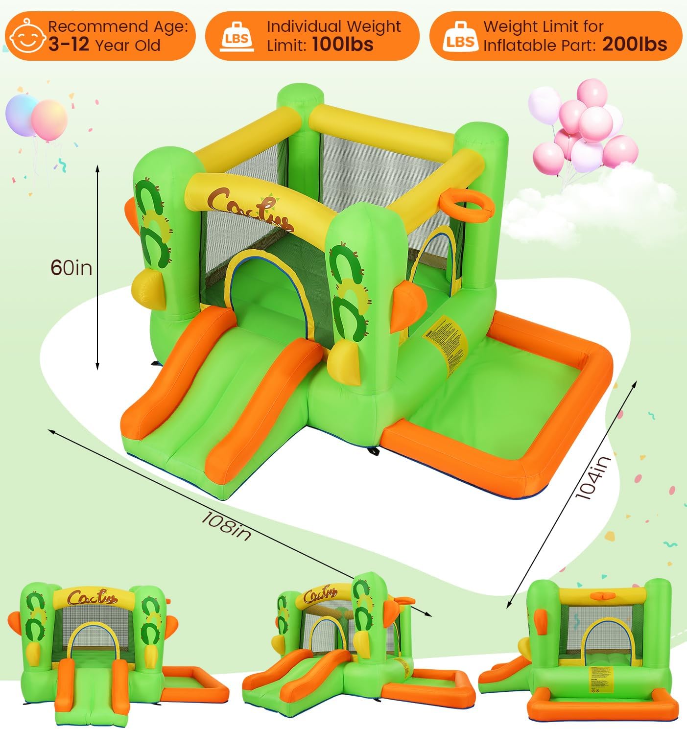 Inflatable Bounce House, Indoor Outdoor Blow up Bouncy House Bouncer Castle with Splash Pool, Bouncer, Blow up Jump Bouncy Castle Water Park for Teens Backyard Party, Green