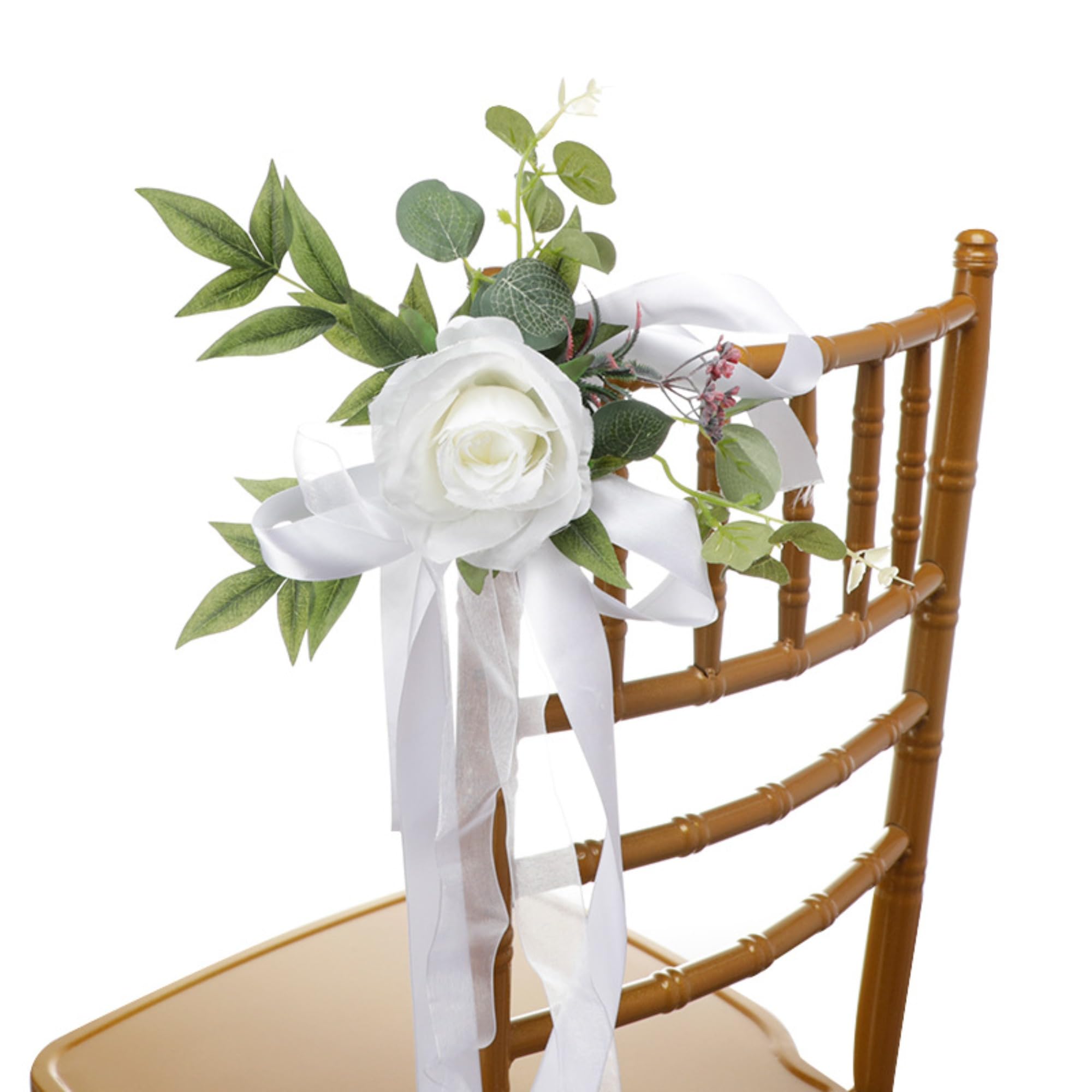 Zbello White Set Of 8 Wedding Chair Decorations, Wedding Aisle Decorations With Artificial Flowers Eucalyptus And Ribbons For Ceremony Party Chair Decor (White)