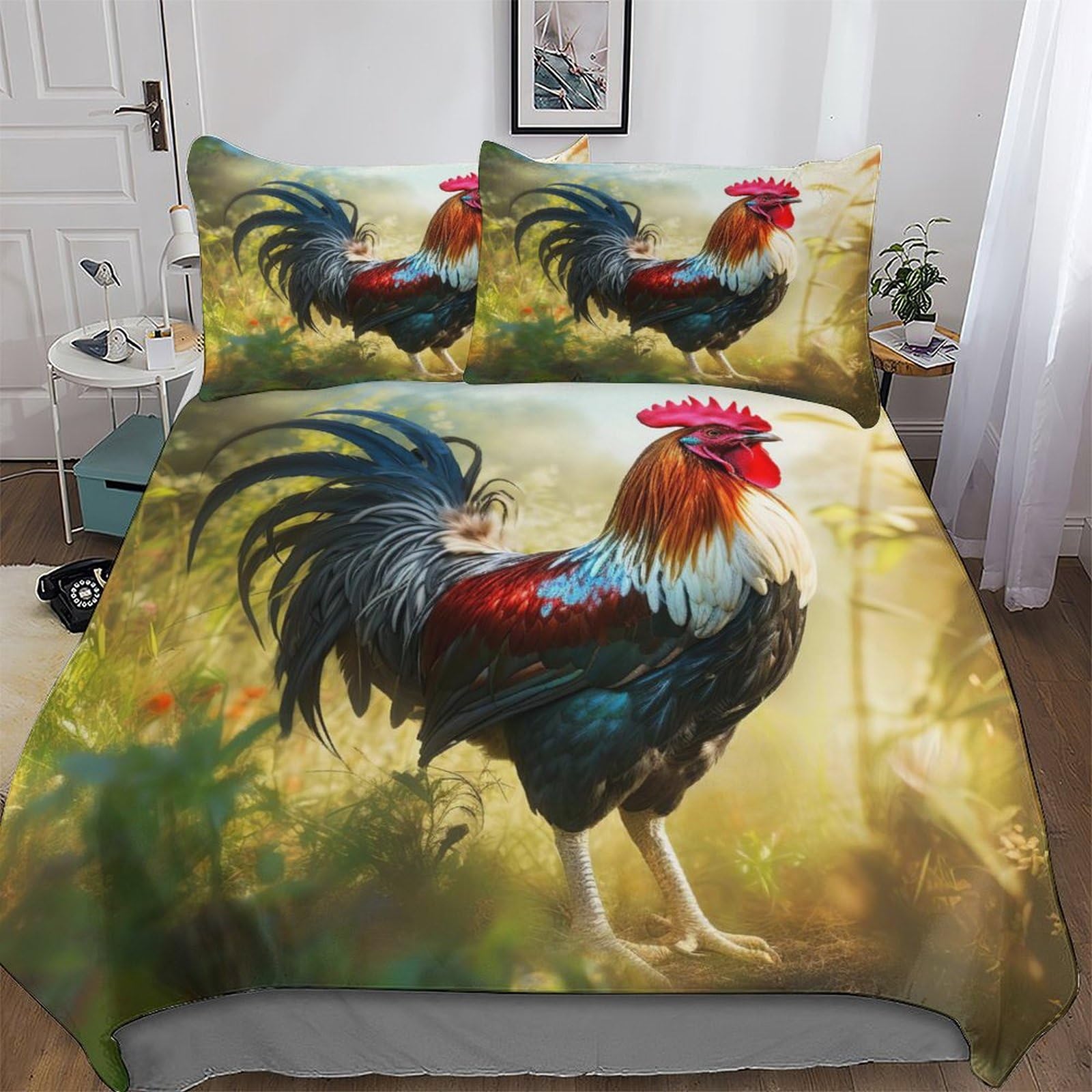 Housse de couette coq anti-plis en microfibre 220x240cm pour stopper le repassage fastidieux