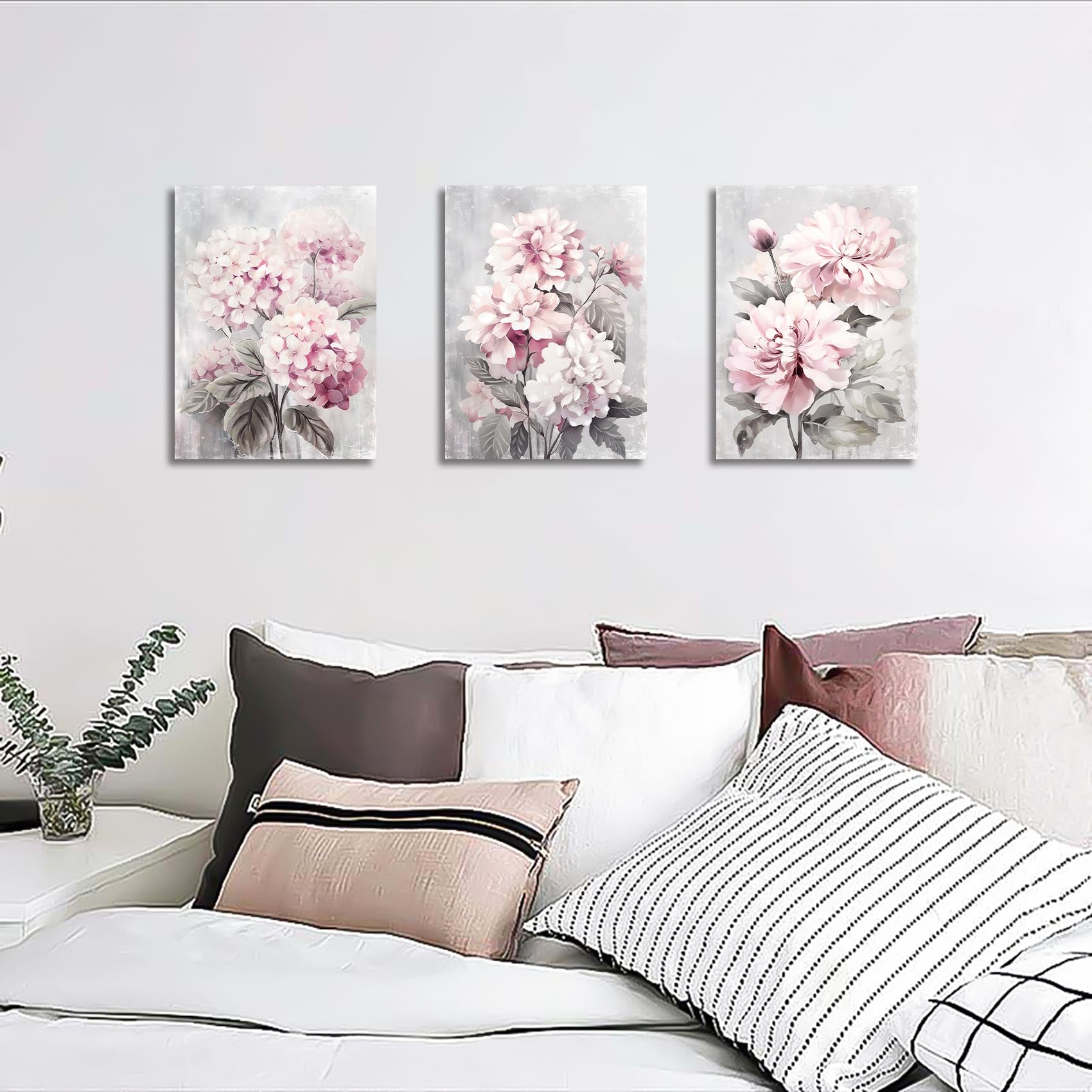 3 Pcs Wooden Framed Blush Grey Pink Canvas Wall Art Pink Hydrangeas Peonies Floral Blossom Canvas Painting Pictures for Living Room Bedroom Bathroom Hallway Home Wall Decoration 90x40cm(12"x16"x3pcs) — view 3