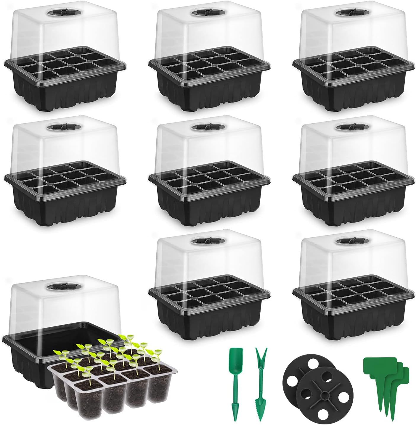 sunbroaden 9 Packs Seed Starter Tray, Seed Starter Kit with High Humidity Dome, Durable Seed Starting Trays, Plant Starter Trays Indoor for Seedlings (12 Cells per Tray)
