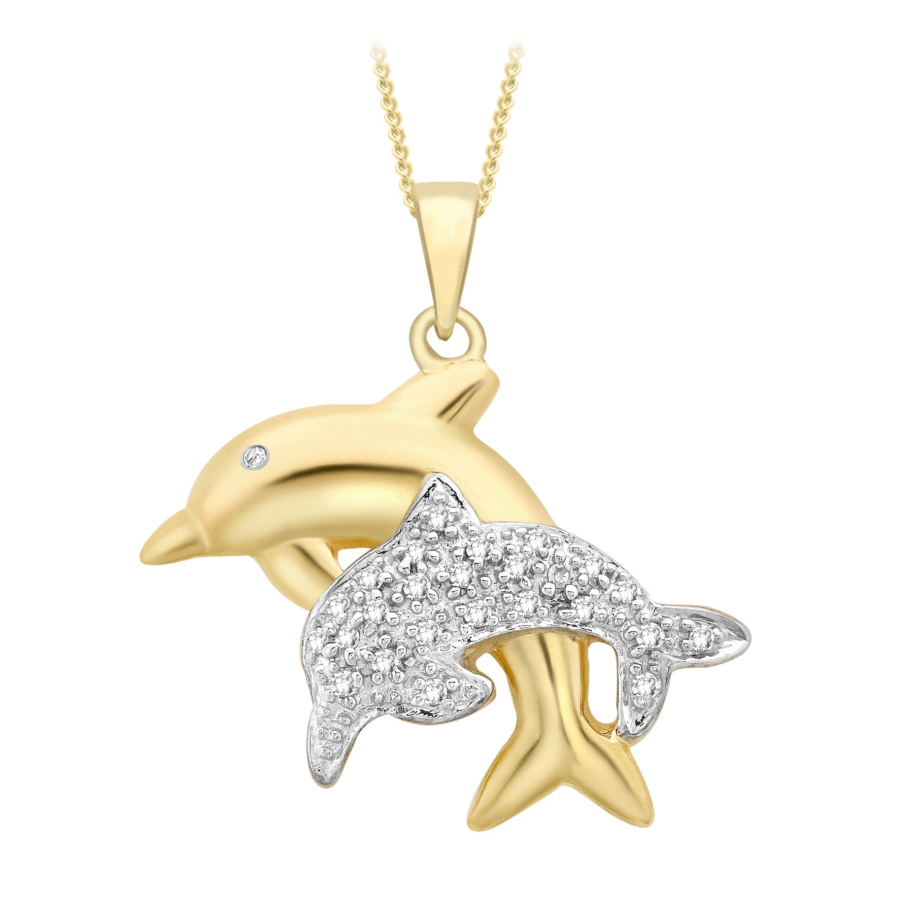 CARISSIMA Ciondolo Doppio Delfino Con Diamante 0.10ct In Oro Giallo 9ct Su Collana Curb - 46 Cm - Gioiello Italiano