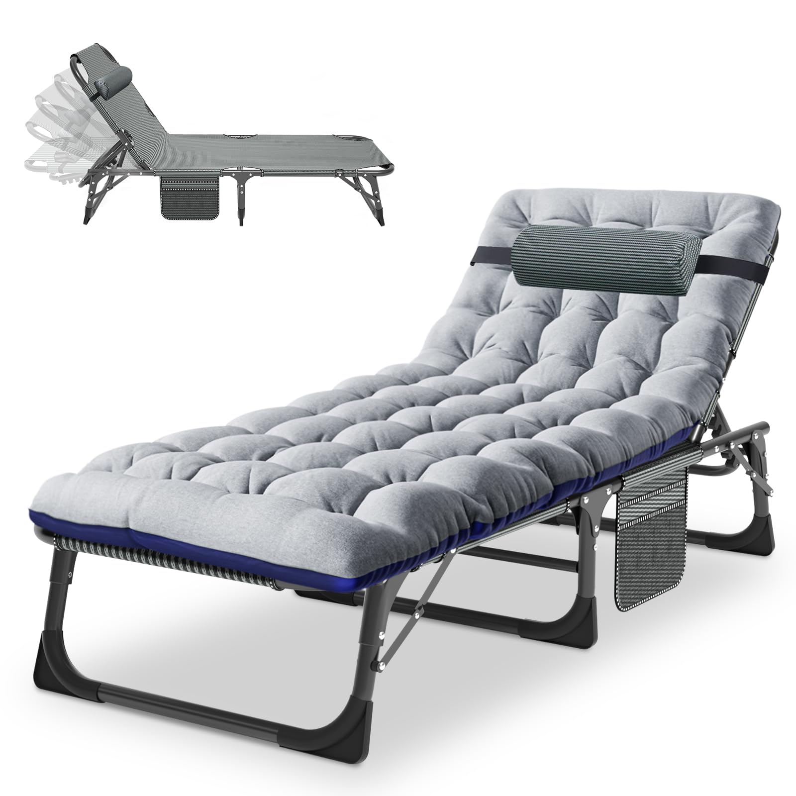 MOPHOTO Sun Lounger for Garden 190x68x28cm, Heavy Duty Single Folding Recliner with Sidepocket, Padded and Headrest, can as Guest Bed/Nap Bed of Office or Sunbed for Pool/Beach/Camping
