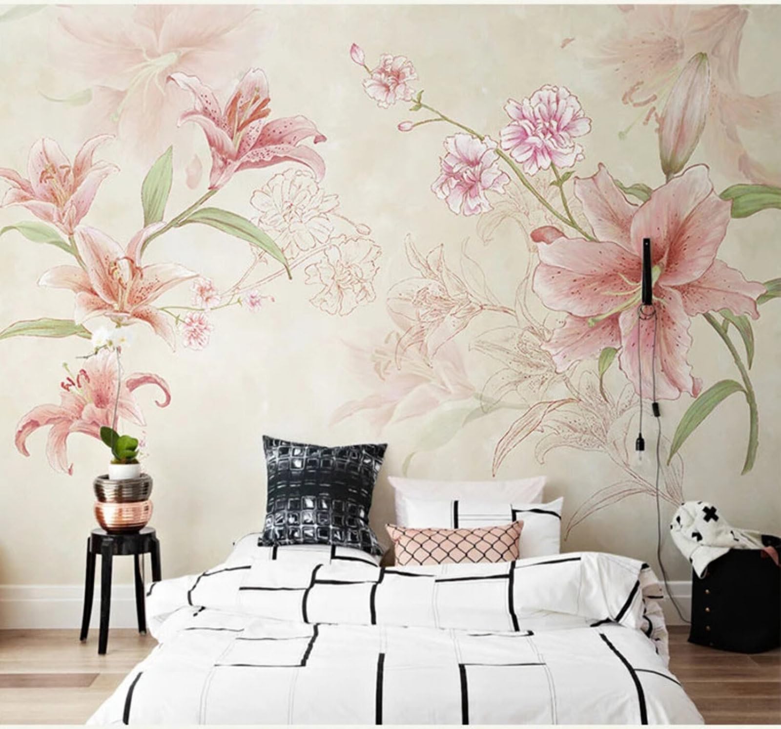 Tzxztt Hand Drawn Cosy Beautiful Pink Lilies Modern 3D Wallpaper Premium Textured Silk Neutral Tones Material Ideal for Living Room Bedroom-250cm×170cm
