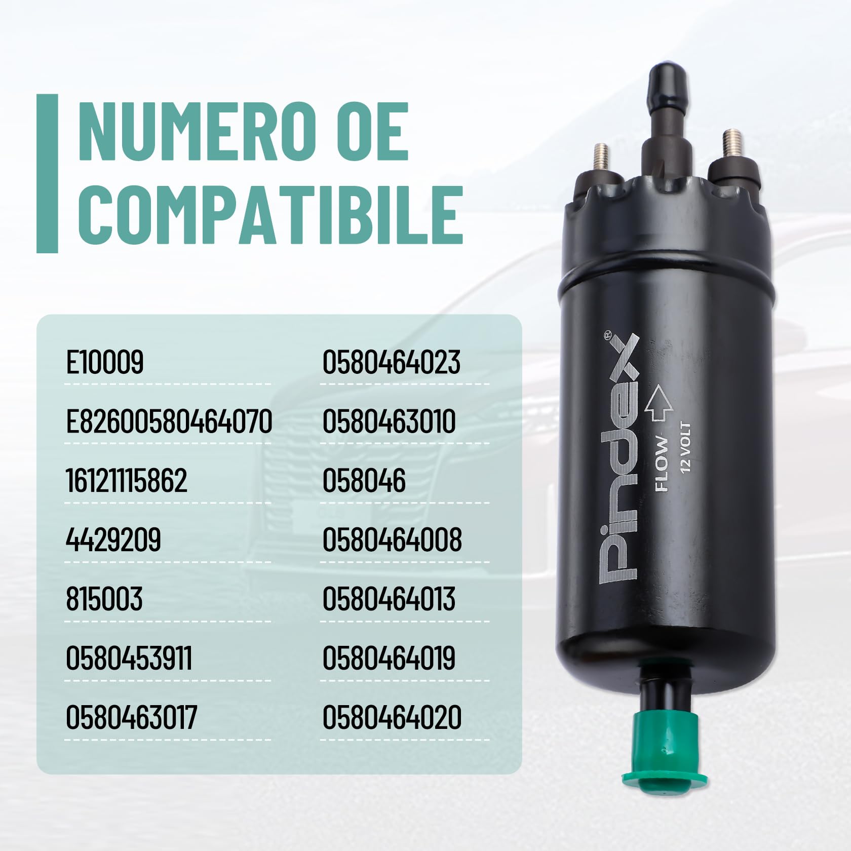 Pindex 0580464070 Pompa Elettrica per Carburante 12 V Ad Alta Pressione In Linea con Supporto Antiurto per Motore Auto,125 PSI 8.5 Bar,Nero